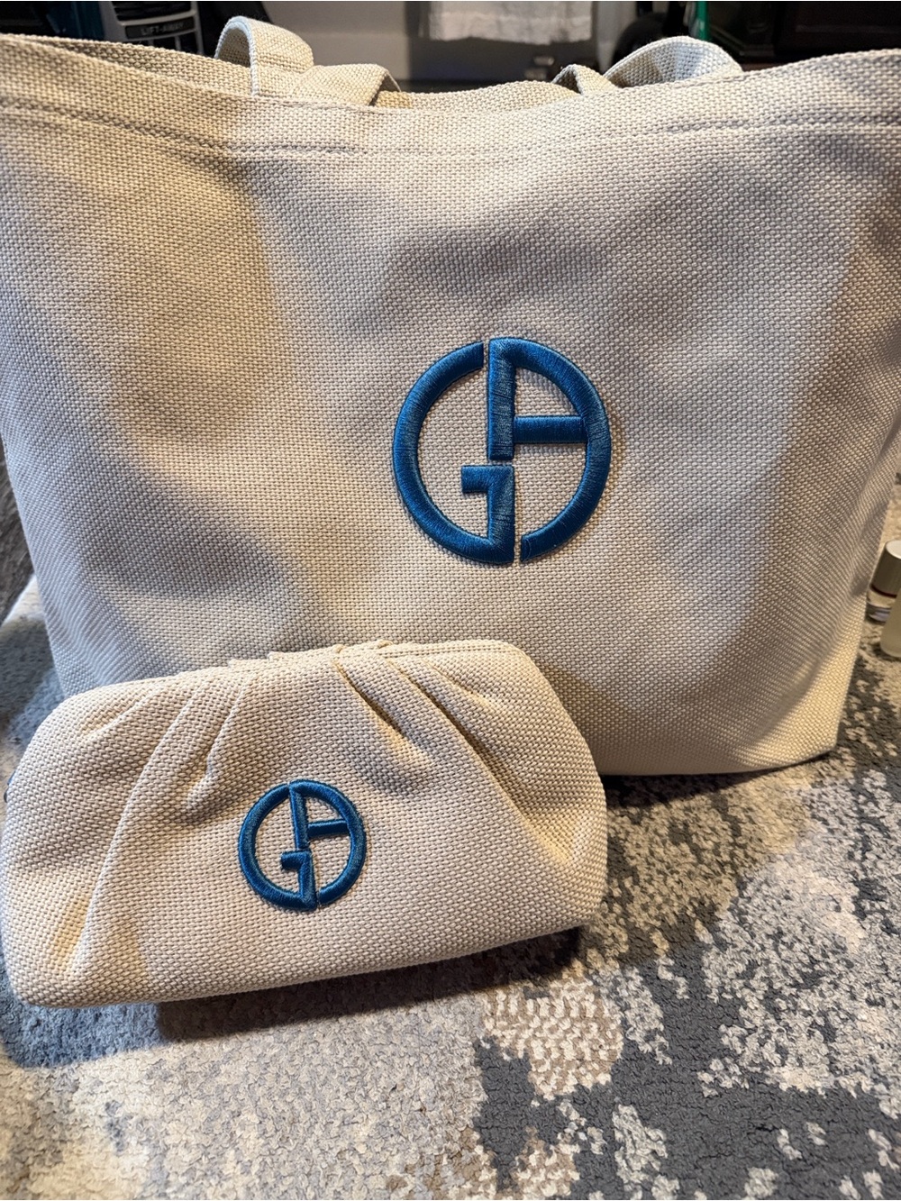 Giorgio Armani Cream Canvas Tote and Matching Pouch with Blue Logo